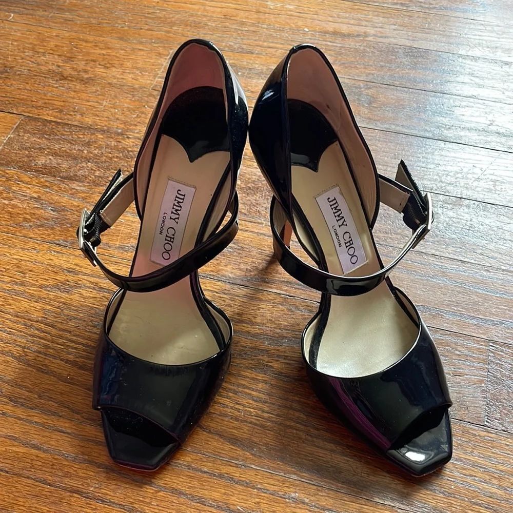 Jimmy Choo Black Patent Leather Open Toe Lumiere d'Orsay Pumps